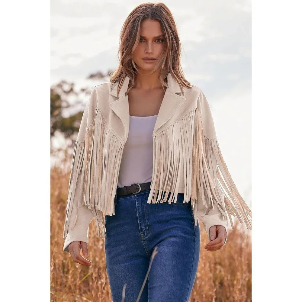 Women's Beige Apricot Fringe Faux Suede Leather Tassel Motorcycle Cropped Jacket - Picture 5 of 9